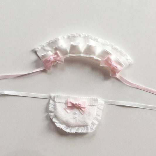 [Handmade] Pink/Mint Maid Headband & Bib Set For Plushie
