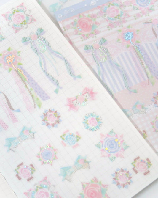 Pearly Button Shabby Rose Ribbon Charms Sticker